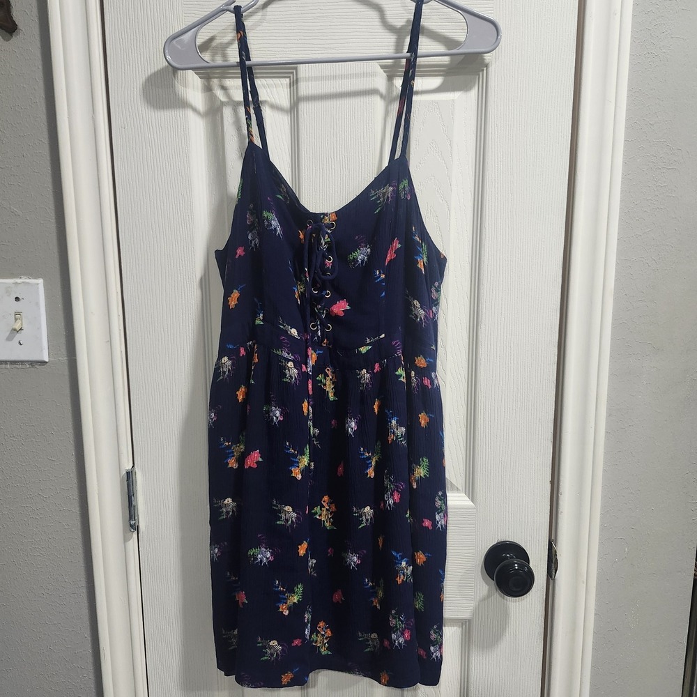 Superdry Dress Womens Size 12 Navy Tropical Floral Strappy Lace Up Pockets Zip